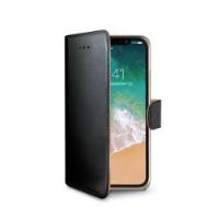 WALLY - Custodia a libro in pelle sintetica con chiusura flap magnetico, slot per carte e funzione stand colore nero compatibile con Apple iPhone Xs / iPhone X